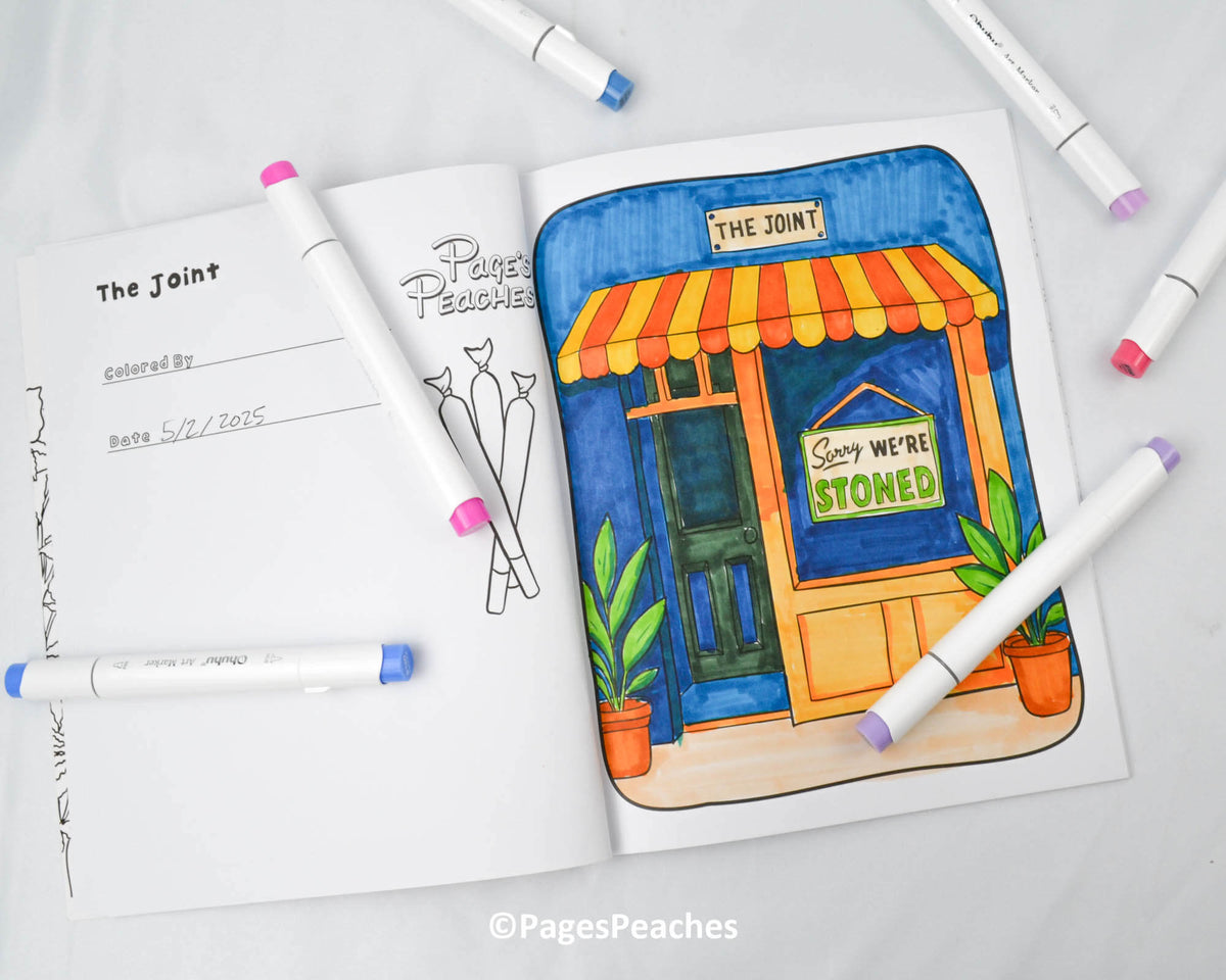 Coloring book page with a storefront named The Joint and a sign saying sorry we're stoned on it