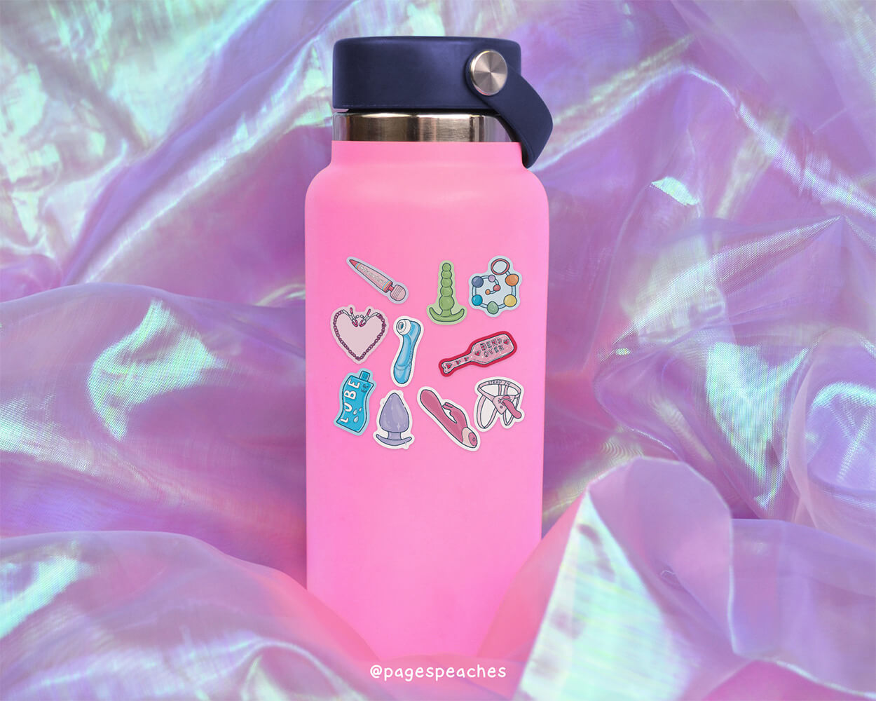 The image is a package of stickers featuring various colorful and whimsical objects, including a heart, a bottle, a toy, and other playful items.