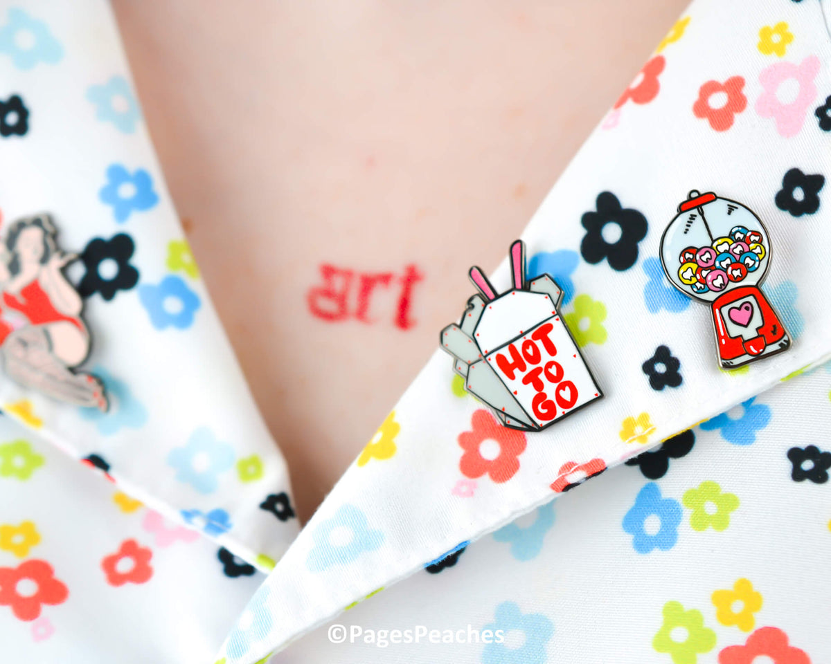 Hard enamel pin inspired by Chappell Roan, designed by Page’s Peaches, with queer pop girl aesthetic