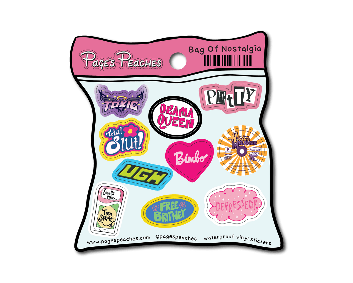 a collection of colorful stickers with various text and logos, including "Toxic", "Deanna Queen", "Petrty", "Total Sun!", "Ugh", "Binlo", "Depressed!", "Free Britney", and "www.pagespeaches.com".