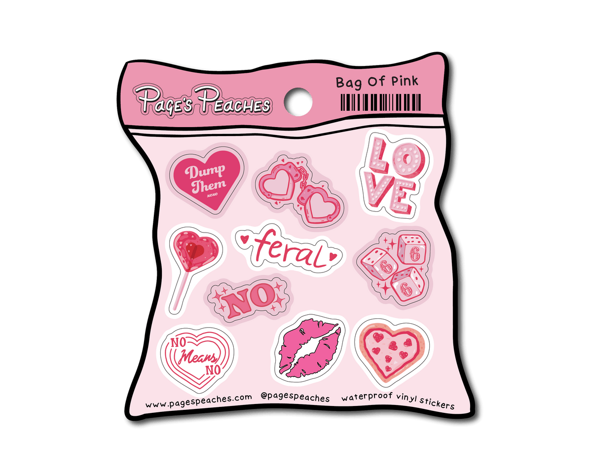 The image is a package of pink stickers featuring various cute and playful designs, including hearts, lips, and other decorative elements.