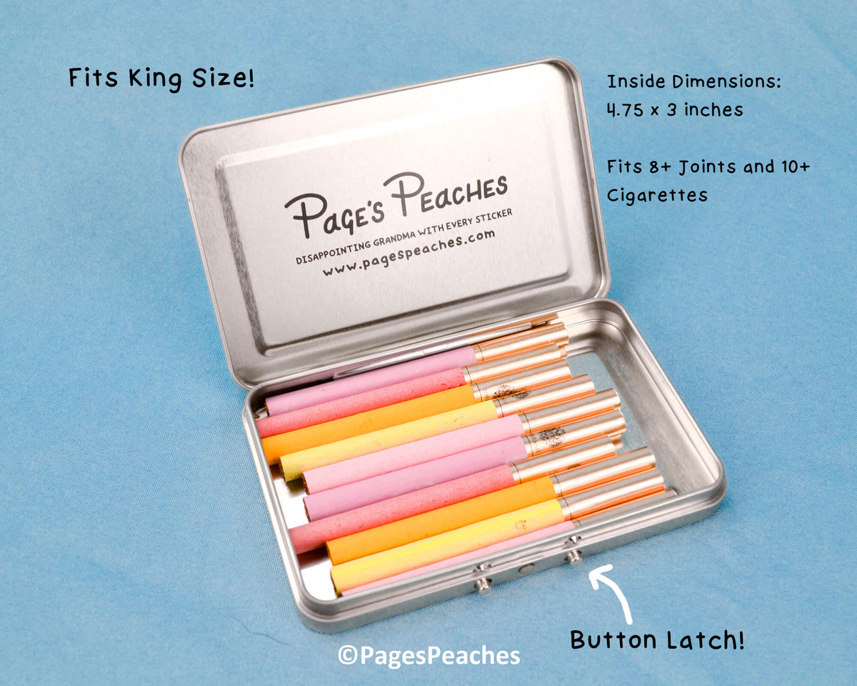 A metal tin containing a collection of colorful pens, with text indicating the size and dimensions of the tin.