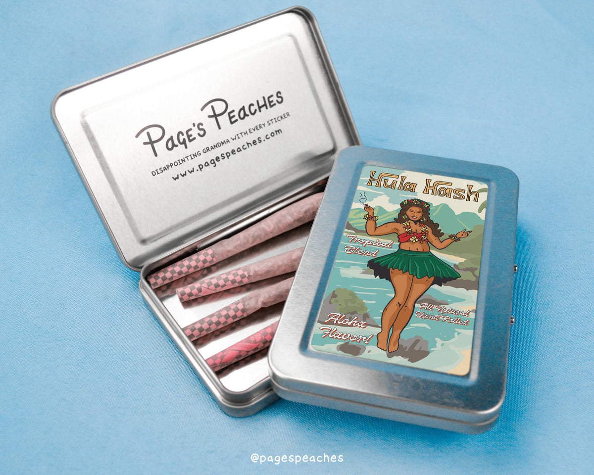 a tin with matches inside of it on a blue surface