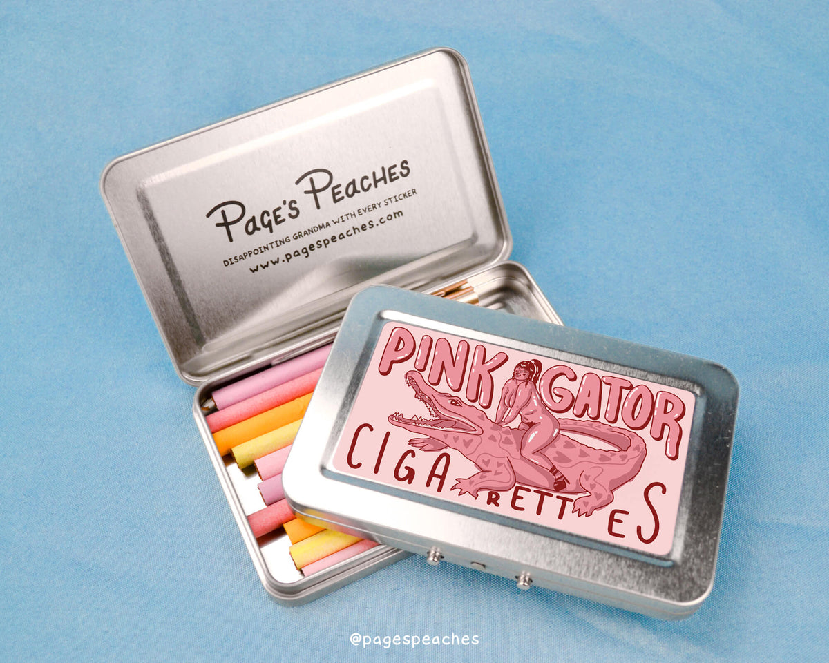 a tin of pink piggies cigarettes on a blue background