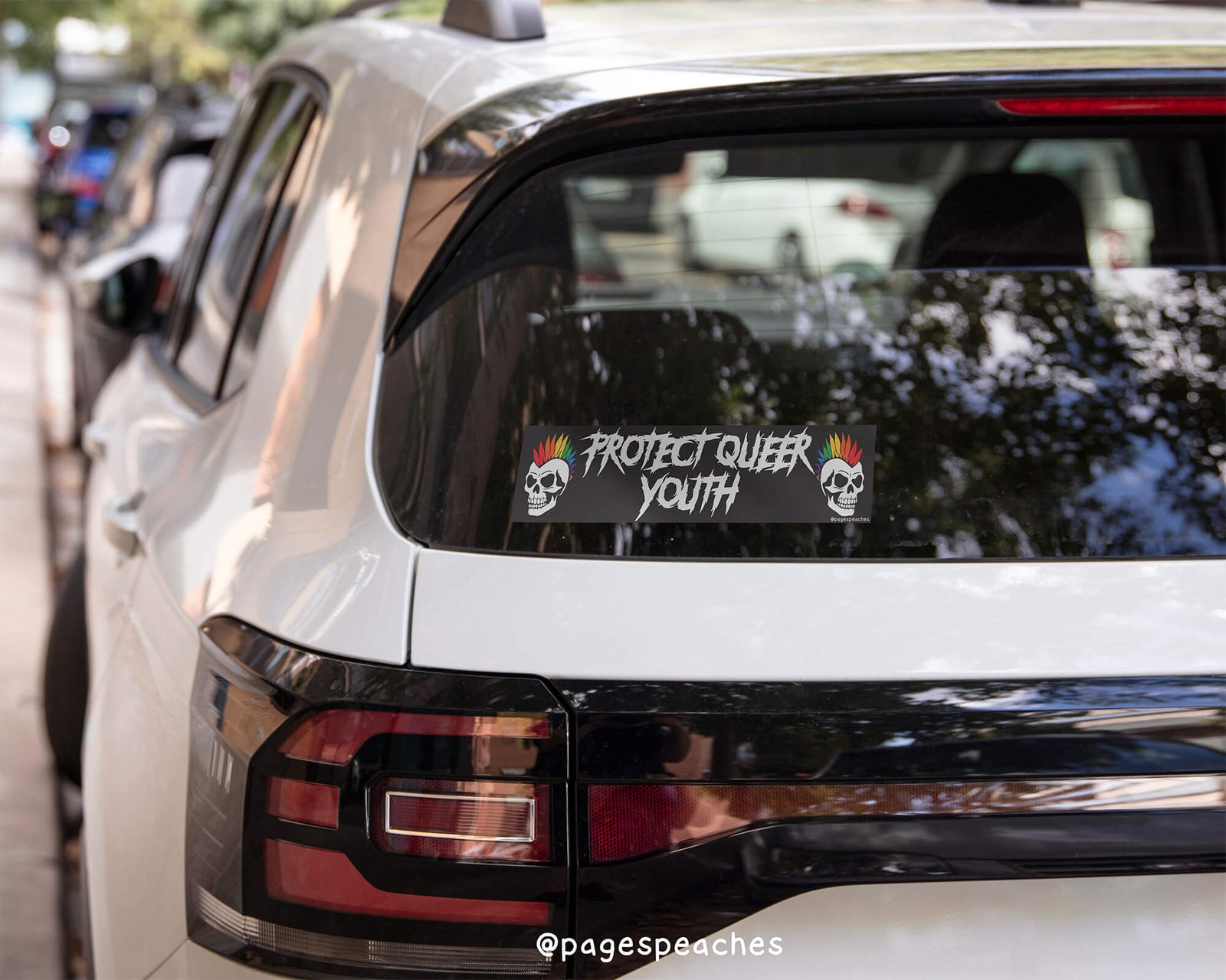Bumper sticker reading “Protect Queer Youth” in bold White letters on Black background With Two Skulls