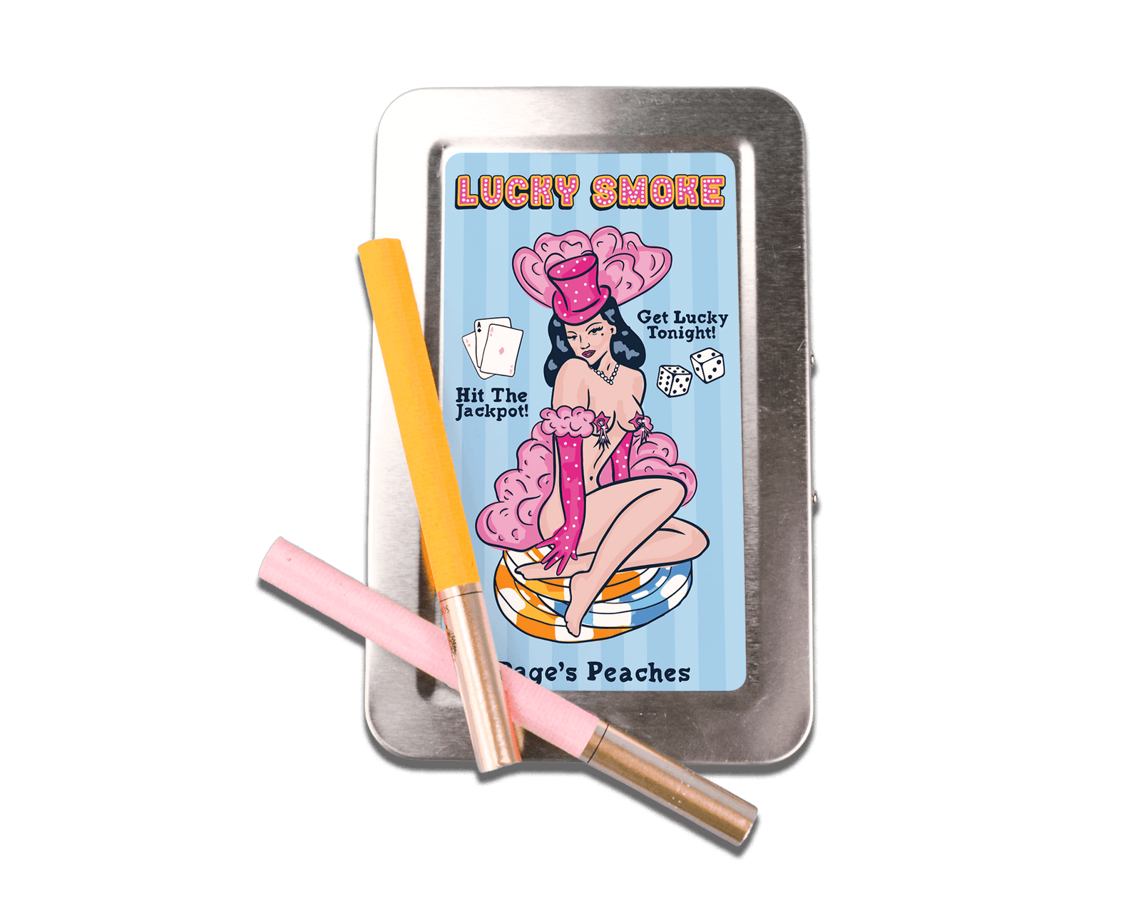 a tin of lucky chops next to a pencil