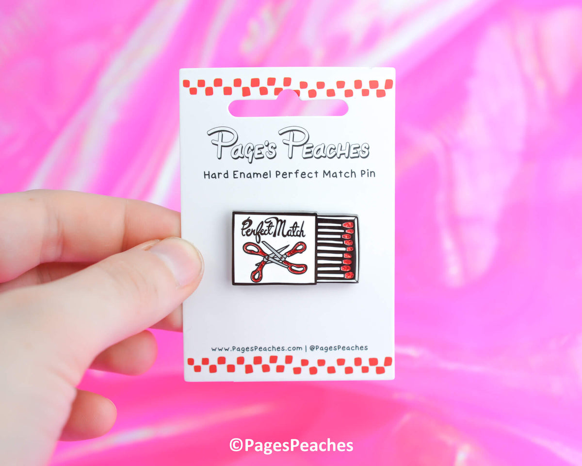 Pin on packaging with 'Pages Peaches' branding against a pink background