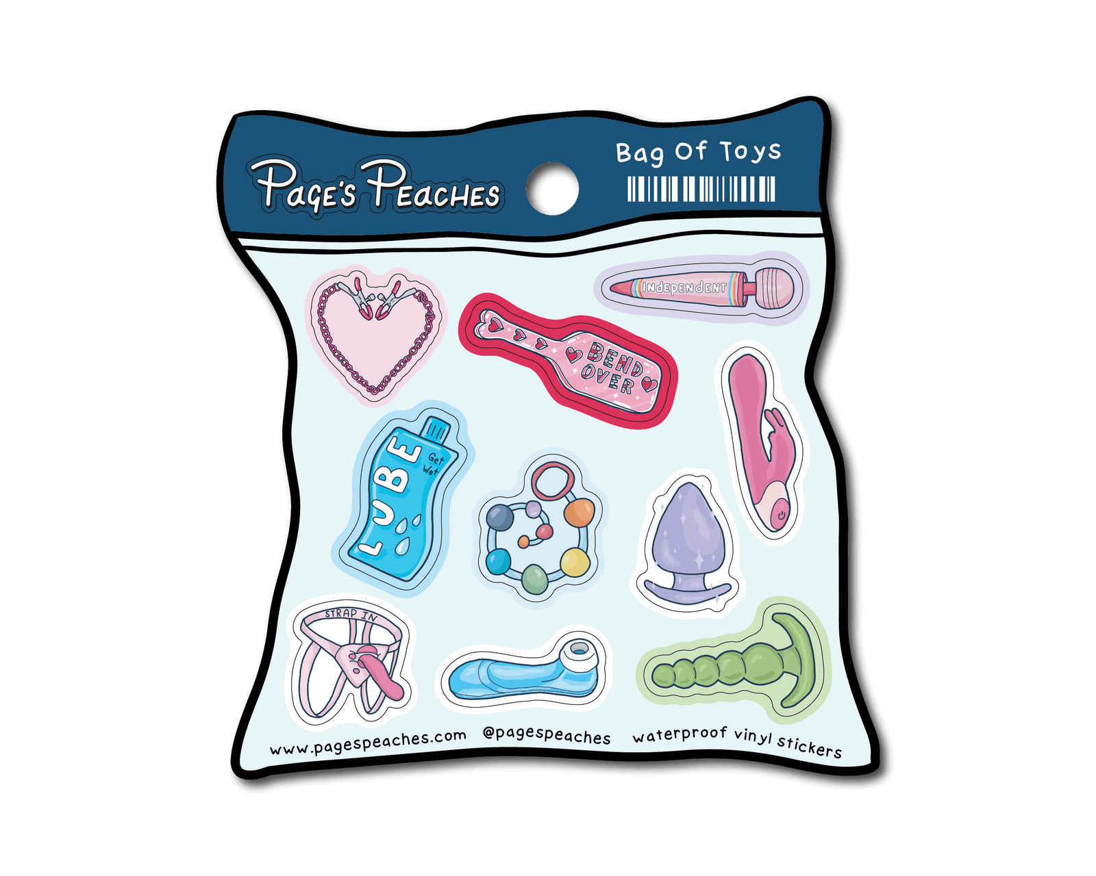 The image is a package of stickers featuring various colorful and whimsical objects, including a heart, a bottle, a toy, and other playful items.