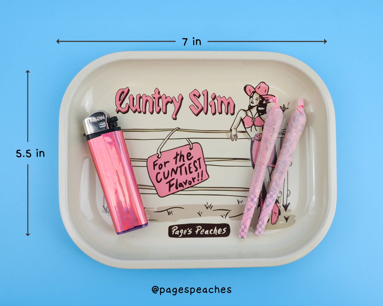 Tan rolling tray with cowgirl illustration and the phrase “Cuntry Slim”