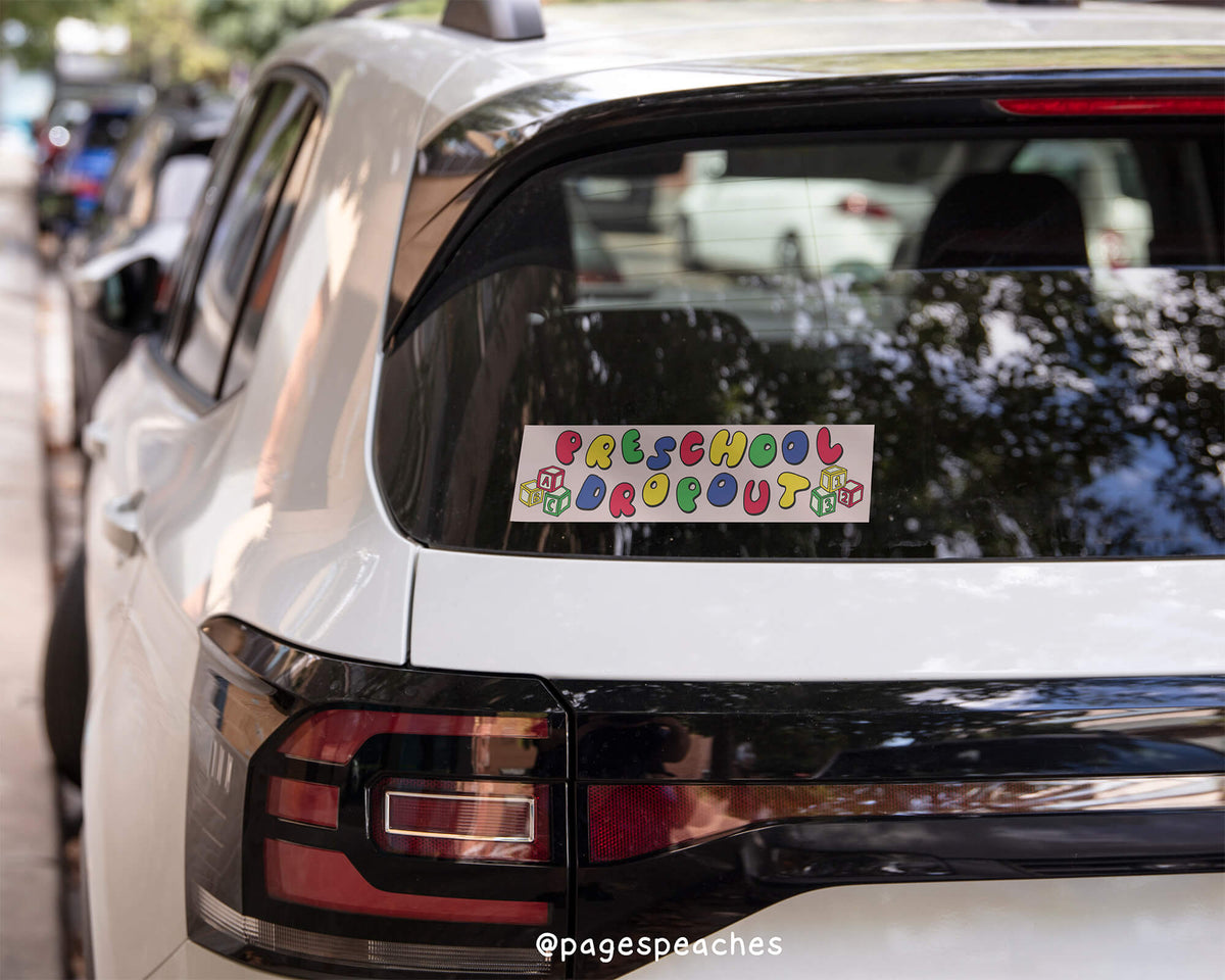 Matte vinyl sticker with light pink background and playful preschool design