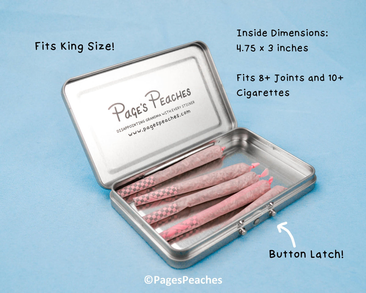 A metal tin with pink checkered cigarette ends inside, labeled "Page's Peaches" and "Disappointing every cigarette with every cigarette" along with dimensions and a button latch.