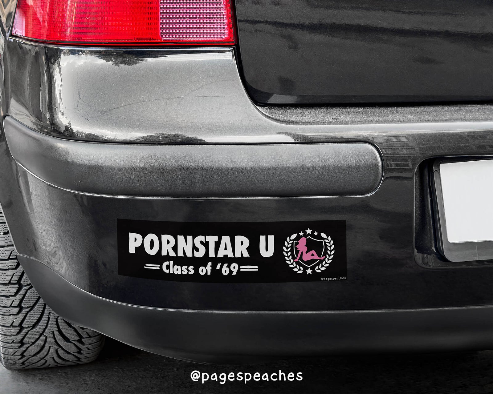 Bumper sticker reading “Pornstar U Class of '69” in bold White text
