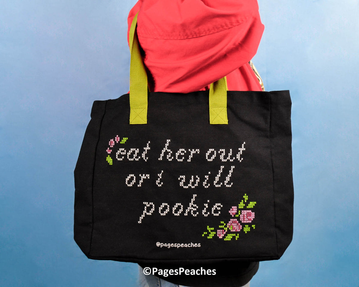 Funny queer tote with bold phrase and embroidery design