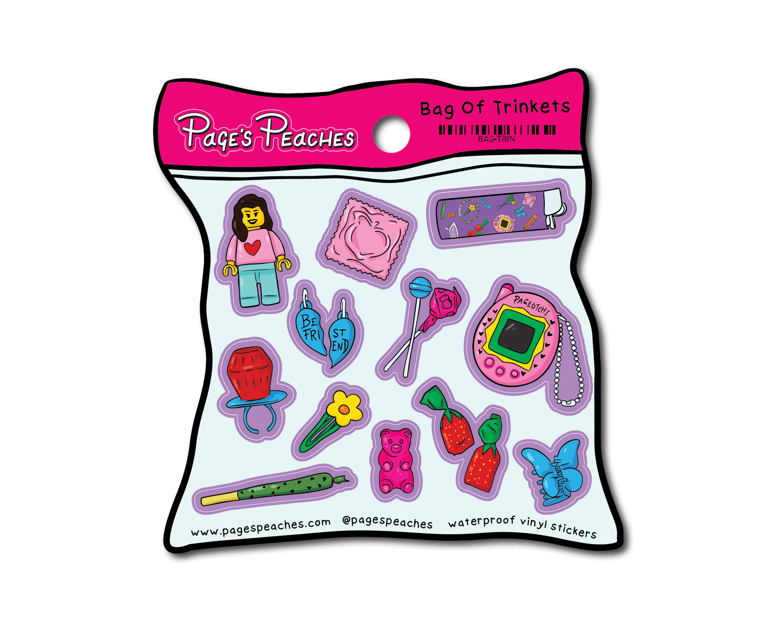 A package of colorful stickers featuring various cartoon-style objects and characters, such as a girl, a heart, a flower, a teddy bear, and a butterfly.